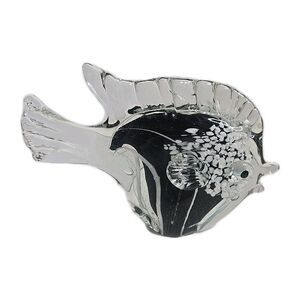 10in. Fish Sculpture Art Glass Black & Clear Murano-Style Lakehouse Decoration